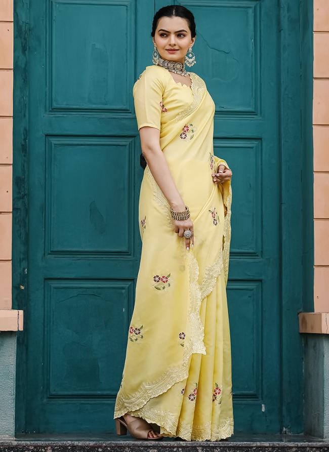 Tussar Cotton Yellow Party Wear Sequins Work Saree